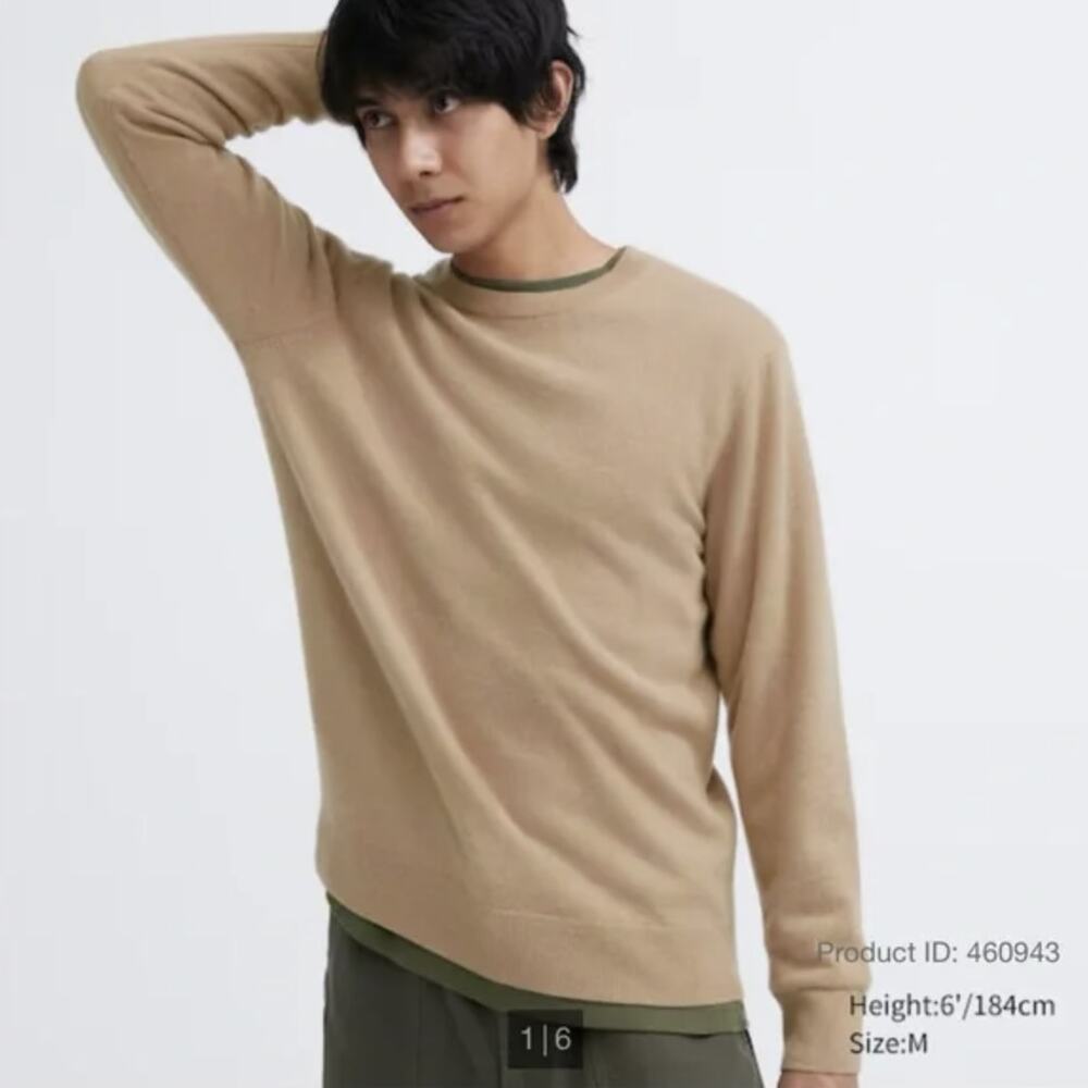 Uniqlo Cashmere Sweater Fitted Long Sleeve Pullover Tan Brown Size XS Warm Wool